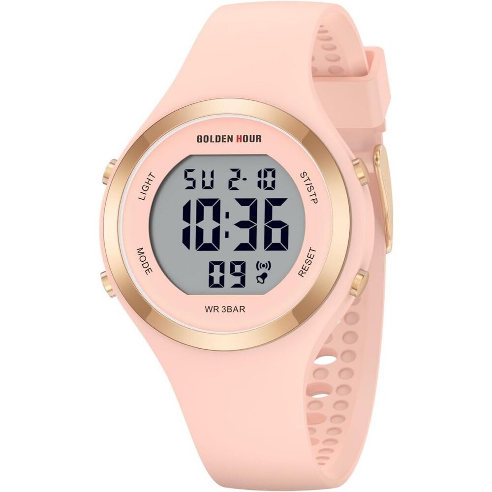 Women Pink Silicone Digital Sports Gold Bezel Water-Resistant Alarm Stopwatch